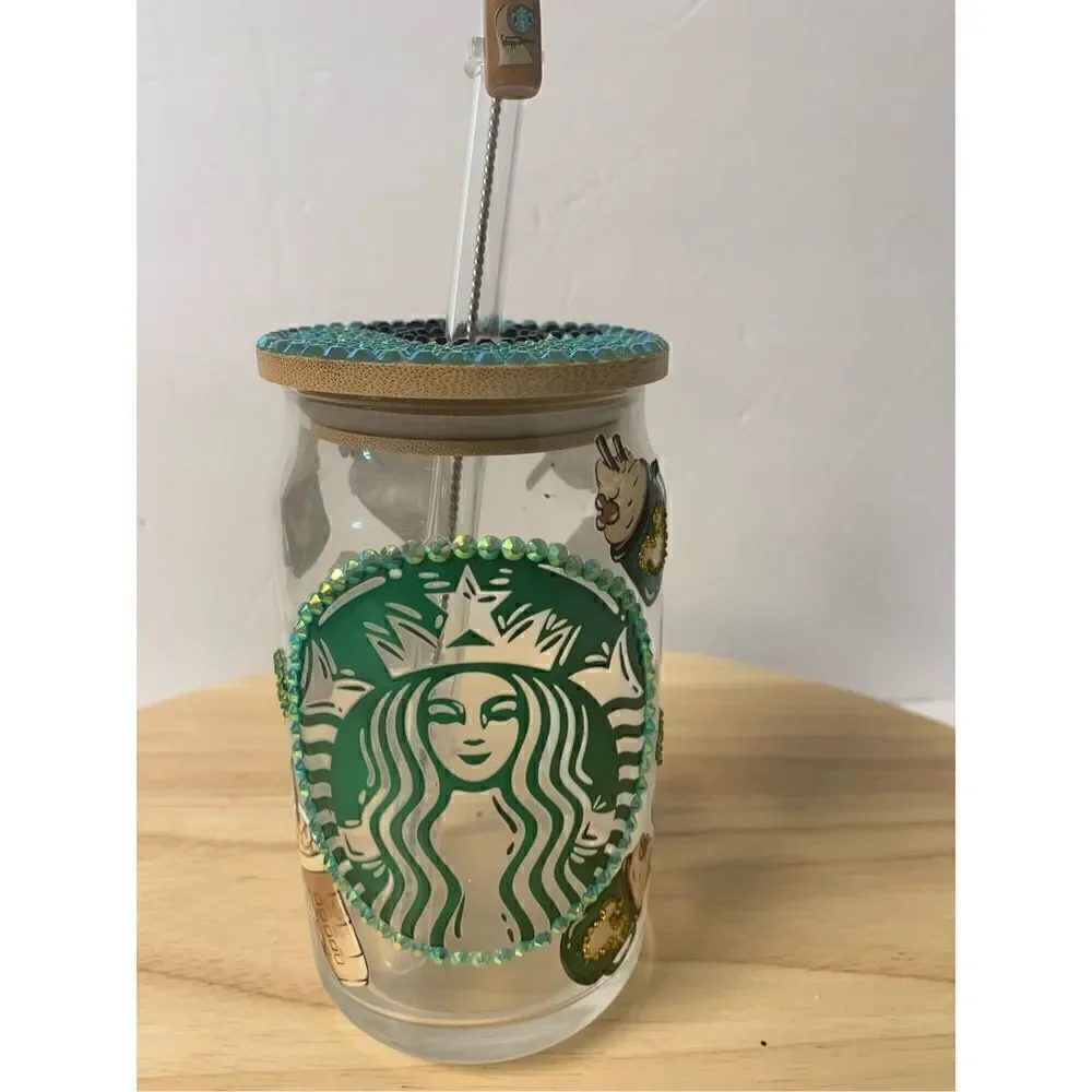 Starbucks Disney coffee handmade glass cup with straw topper